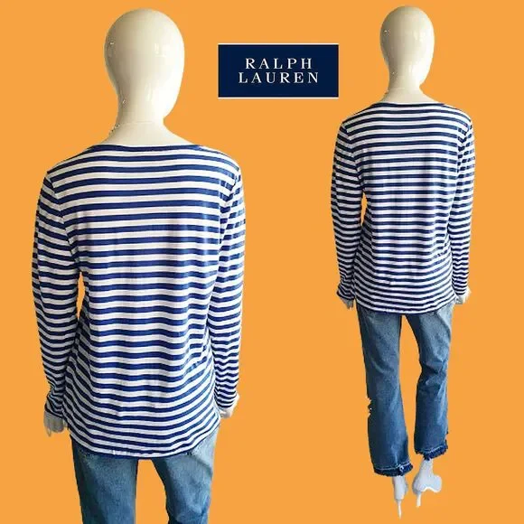 RALPH LAUREN Blue Label Striped Lime Pony V-Neck Long-Sleeve T-Shirt L - Picture 9 of 12